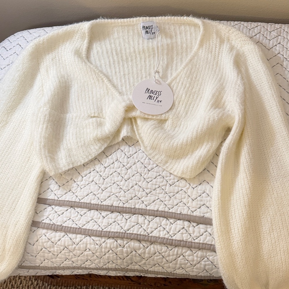 Princess Polly Cream Twist-Front Cropped Knit Cardigan